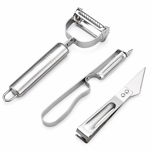 Accesorii de Curatat Decojit Fructe Legume, Set 3 Piese, Feliator Cutit Decojitor, Legume si Fructe, din Otel Inoxidabil, cu Maner, Argintiu