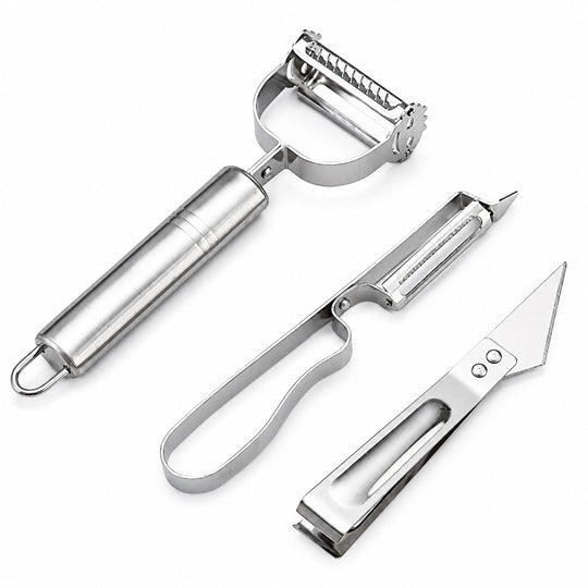 Accesorii de Curatat Decojit Fructe Legume, Set 3 Piese, Feliator Cutit Decojitor, Legume si Fructe, din Otel Inoxidabil, cu Maner, Argintiu