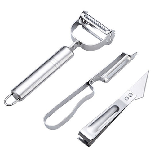 Accesorii de Curatat Decojit Fructe Legume, Set 3 Piese, Feliator Cutit Decojitor, Legume si Fructe, din Otel Inoxidabil, cu Maner, Argintiu