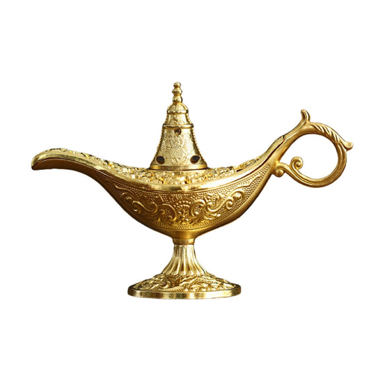 Arzator Tamaie, Model Lampa Aladin, Aliaj, Dimensiune Mica, cu Maner si Capac, Lampa Decorativa Vintage, 3.2 x 9 x 6 cm, Auriu
