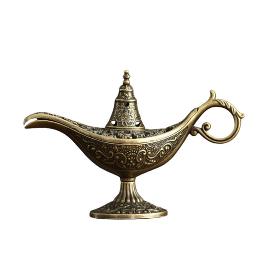 Arzator Tamaie, Model Lampa Aladin, Aliaj, Dimensiune Mica, cu Maner si Capac, Lampa Decorativa Vintage, 3.2 x 9 x 6 cm, Bronz