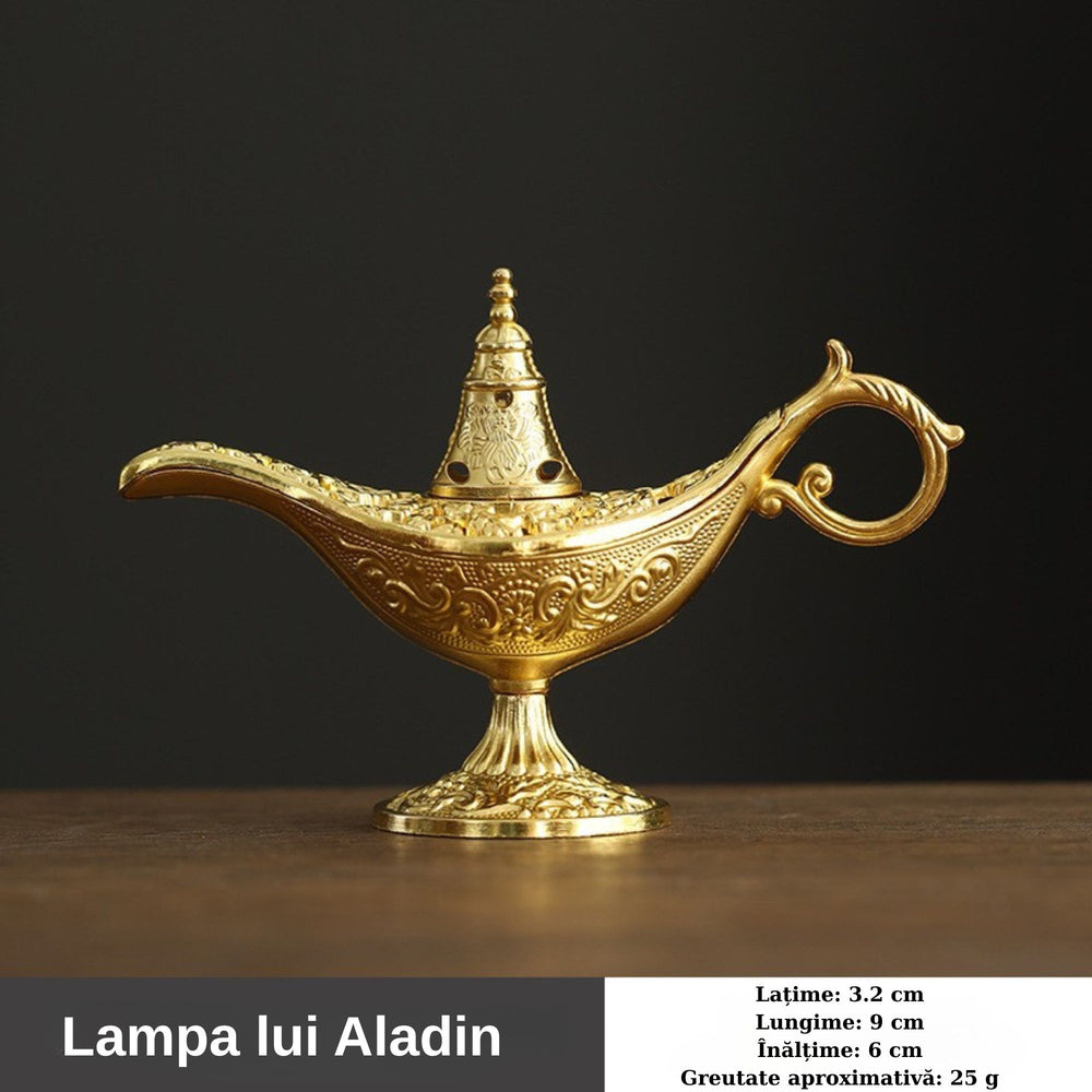 Arzator Tamaie, Model Lampa Aladin, Aliaj, Dimensiune Mica, cu Maner si Capac, Lampa Decorativa Vintage, 3.2 x 9 x 6 cm, Auriu