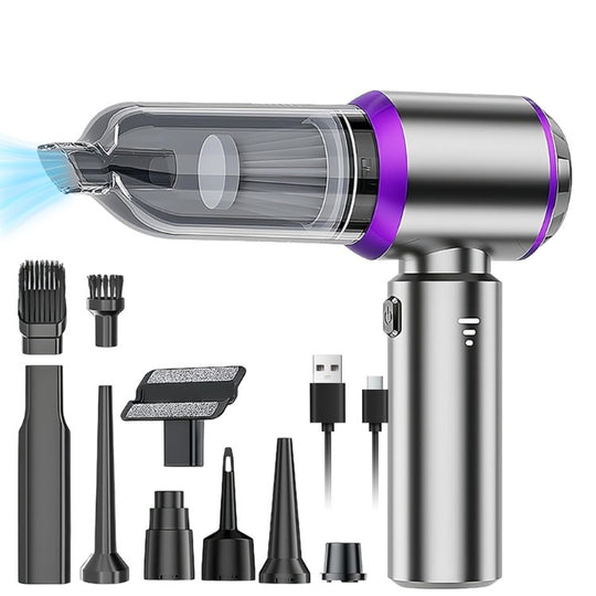 Aspirator Portabil Auto, pentru Casa si Masina, 3 Viteze, Incarcator Tip-C cu Incarcare Rapida, Tub Prelungitor, 2000mAh, 7 Capete de Aspirare si Suflare, 21x20x6.5 cm, Argintiu Mov