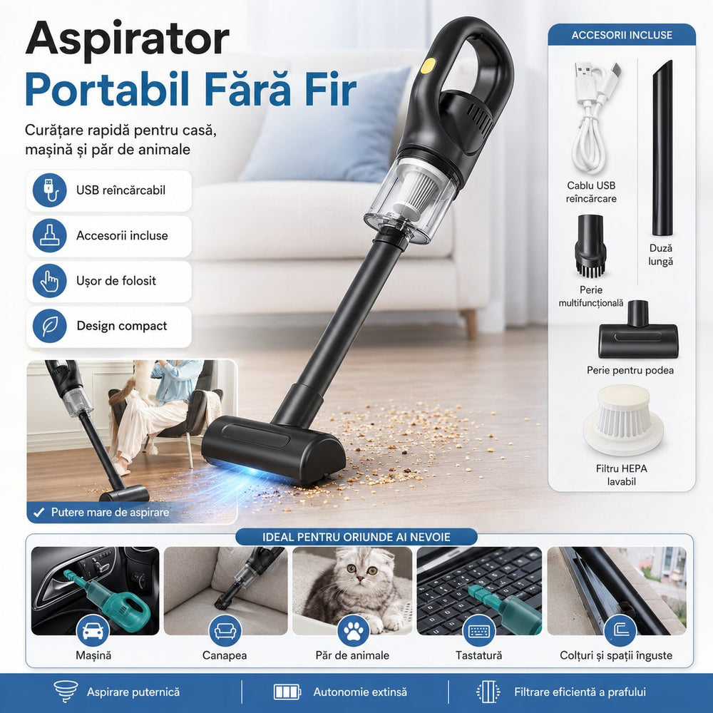 Aspirator Portabil fara Fir, Incarcare USB, Pentru Casa si Masina, Autonomie 45 min, Negru