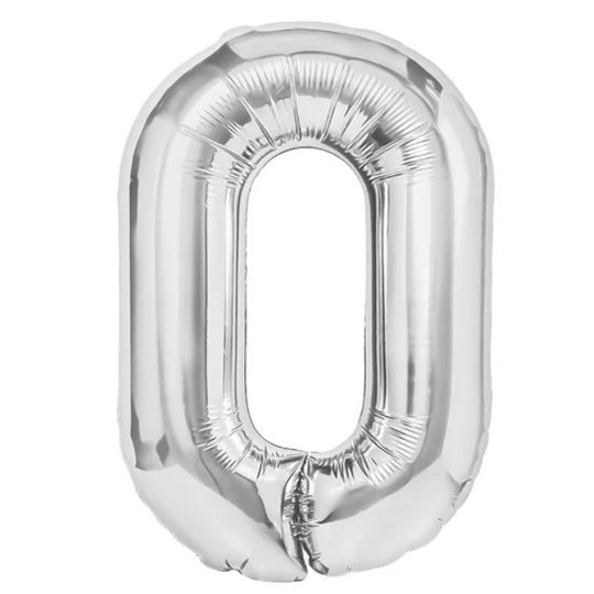 Balon din Folie Metalizata, Figurina Cifra, Tema Aniversare 100 cm, Ambalaj Individual, Pai inclus, Umflare cu Aer sau Heliu, Argintiu, Cifra 0