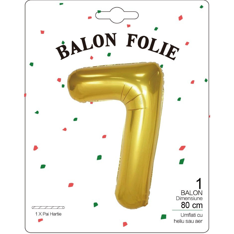 Balon din Folie Metalizata, Figurina Cifra, Tema Aniversare 80 cm, Ambalaj Individual, Pai inclus, Umflare cu Aer sau Heliu, Auriu, Cifra 7