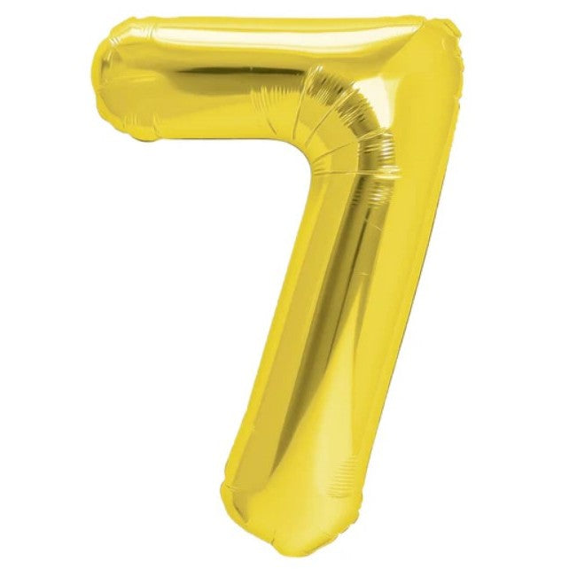 Balon din Folie Metalizata, Figurina Cifra, Tema Aniversare 80 cm, Ambalaj Individual, Pai inclus, Umflare cu Aer sau Heliu, Auriu, Cifra 7