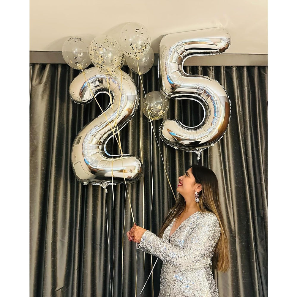 Balon din Folie Metalizata, Figurina Cifra, Tema Aniversare 80 cm, Ambalaj Individual, Pai inclus, Umflare cu Aer sau Heliu, Argintiu, Cifra 2