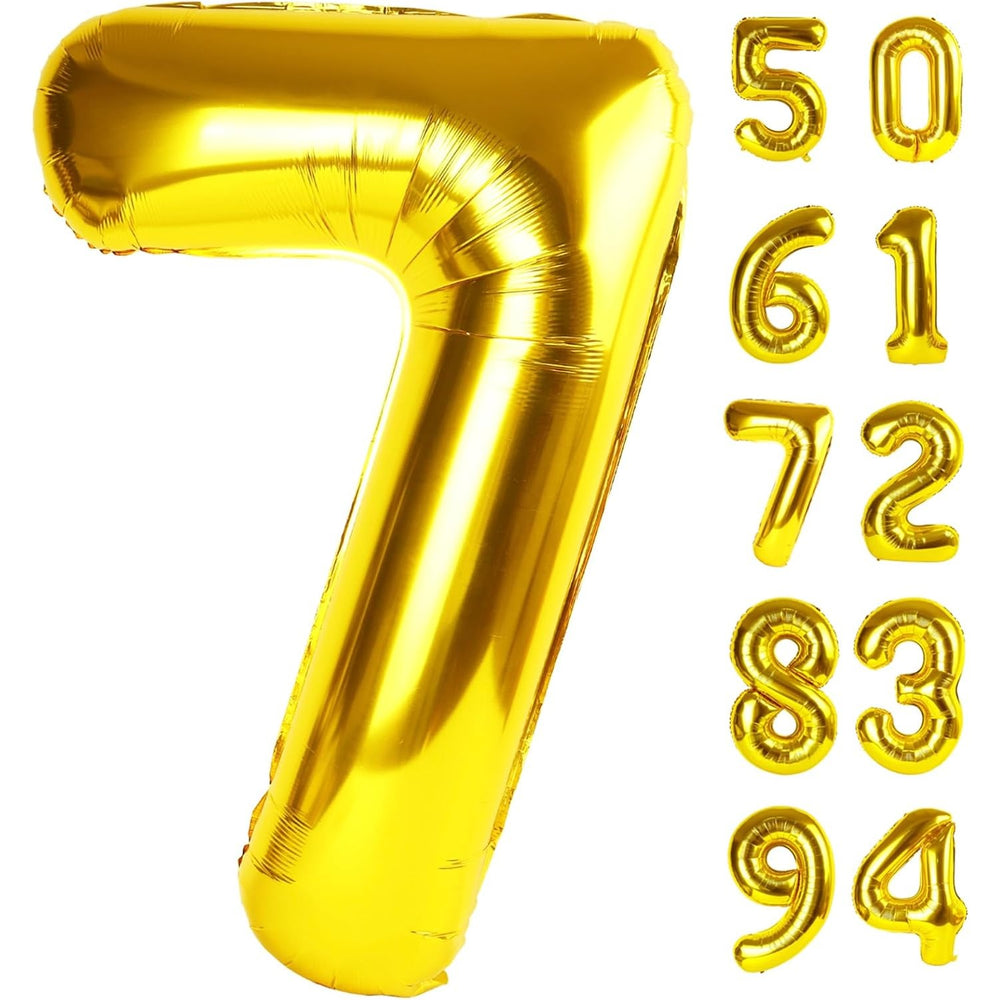 Balon din Folie Metalizata, Figurina Cifra, Tema Aniversare 80 cm, Ambalaj Individual, Pai inclus, Umflare cu Aer sau Heliu, Auriu, Cifra 7