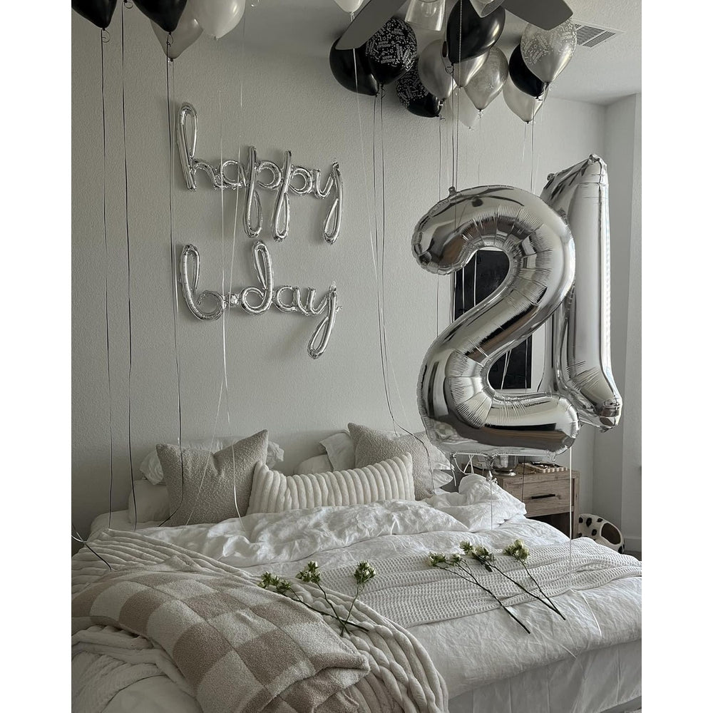 Balon din Folie Metalizata, Figurina Cifra, Tema Aniversare 80 cm, Ambalaj Individual, Pai inclus, Umflare cu Aer sau Heliu, Argintiu, Cifra 2