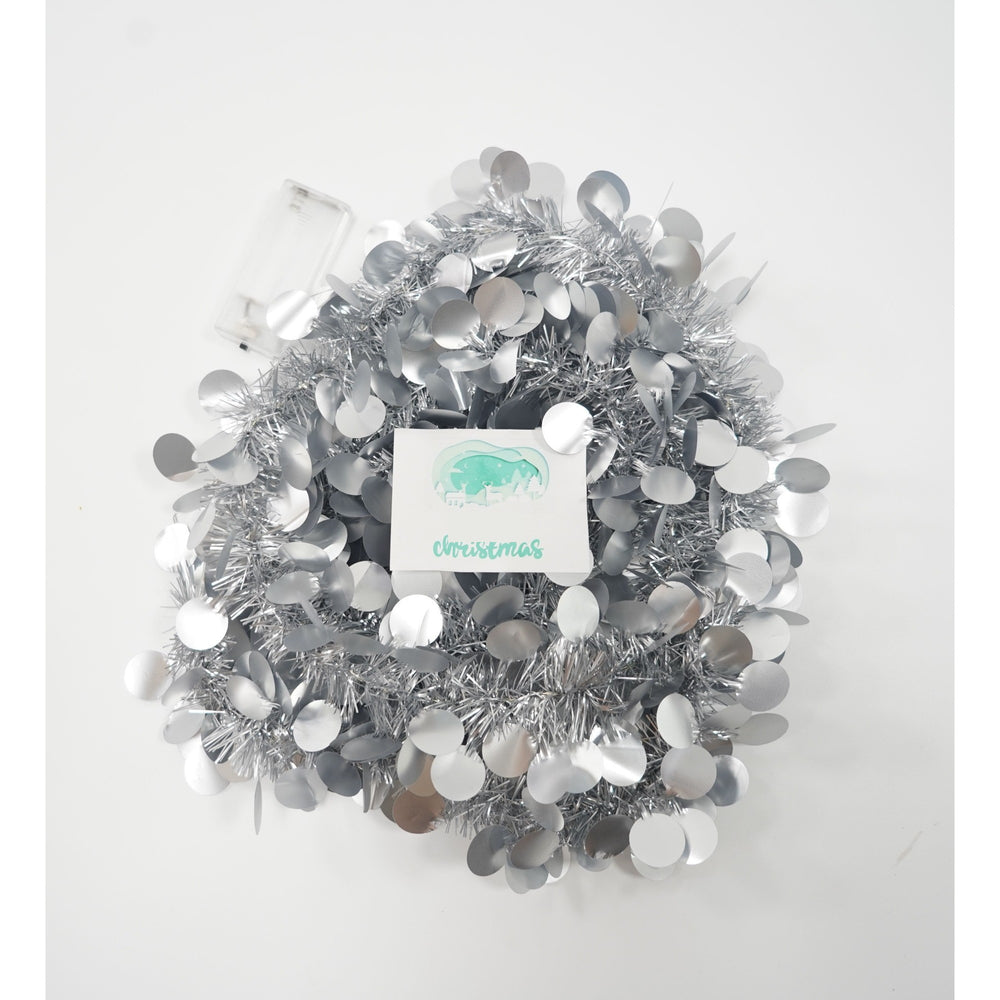 Beteala Craciun cu LED, Argintie, model cu paiete rotunde, 2 m x 5 cm, PVC, Sir, Artificiala