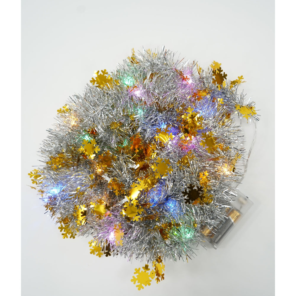 Beteala Craciun cu LED, Aurie, model cu fulgi de nea, 2 m x 5 cm, PVC, Sir, Artificiala