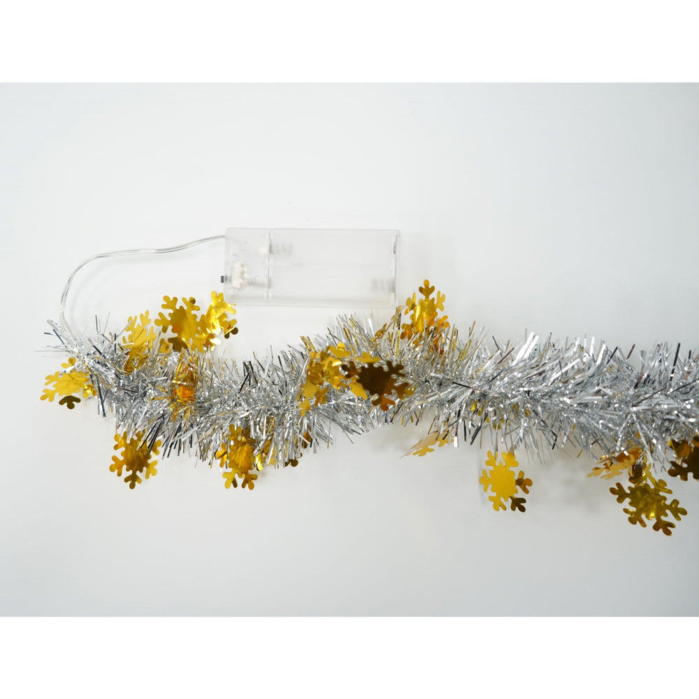 Beteala Craciun cu LED, Aurie, model cu fulgi de nea, 2 m x 5 cm, PVC, Sir, Artificiala