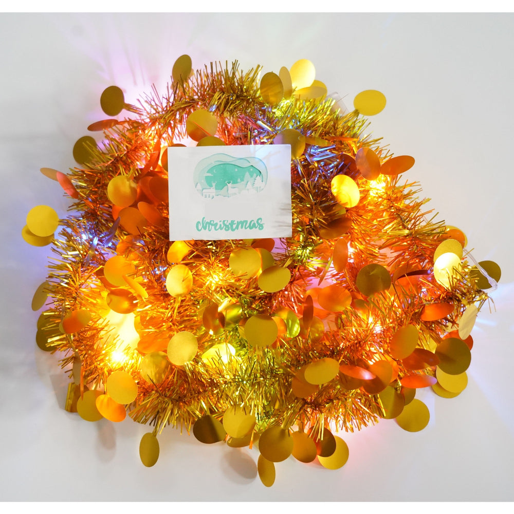 Beteala Craciun cu LED, Aurie, model cu paiete rotunde, 2 m x 5 cm, PVC, Sir, Artificiala