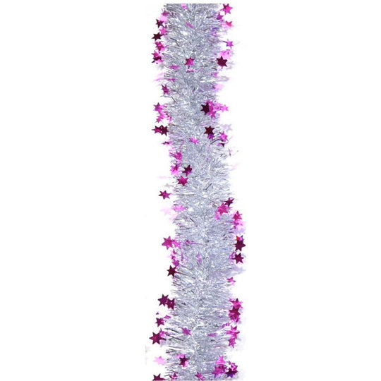 Beteala de Craciun cu LED, 2 m, 5 cm Grosime, din PVC, Model cu Stelute, Artificiala, Mov/Argintiu