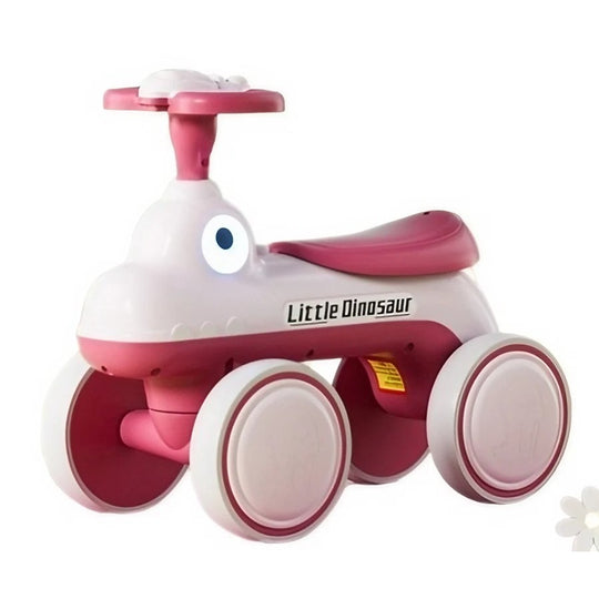 Bicicleta Pentru Copii, Fara Pedale, Cu Patru Roti, Din Plastic Rezistent, Fara BPA, Cu Muzica Si Lumini, Model Dinozaur, 50x27x40 Cm, Roz