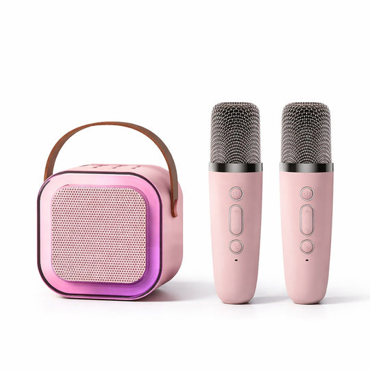 Boxa Portabila Karaoke, Bluetooth 5.3, 5-10W, Set 2 Microfoane Wireless, LED RGB, 4 Efecte Vocale, Type-C, 14 x 11 cm, Roz