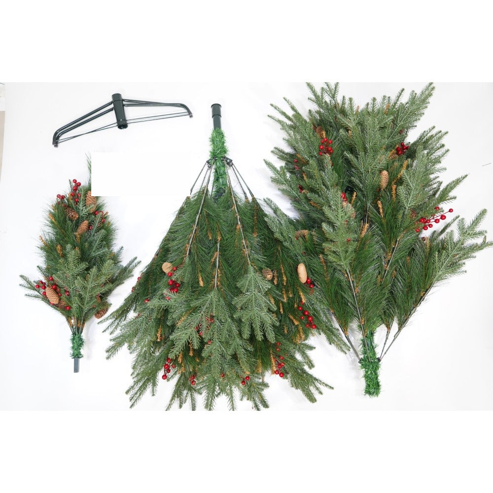 Brad artificial de Craciun Bogat Premium, decorat cu conuri pin rosii, inaltime 180 cm, 414 ramuri, verde, suport metalic inclus