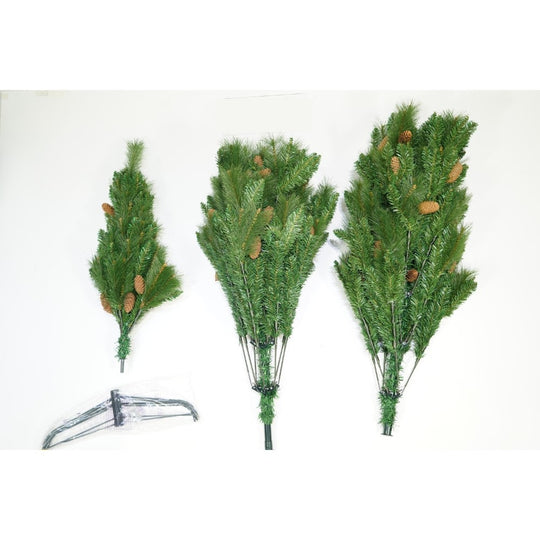 Brad artificial de Craciun, Decorat cu conuri de pin, pentru interior/exterior, inaltime 210 cm, diametru 114 cm, 1057 ramuri, verde, suport metalic inclus