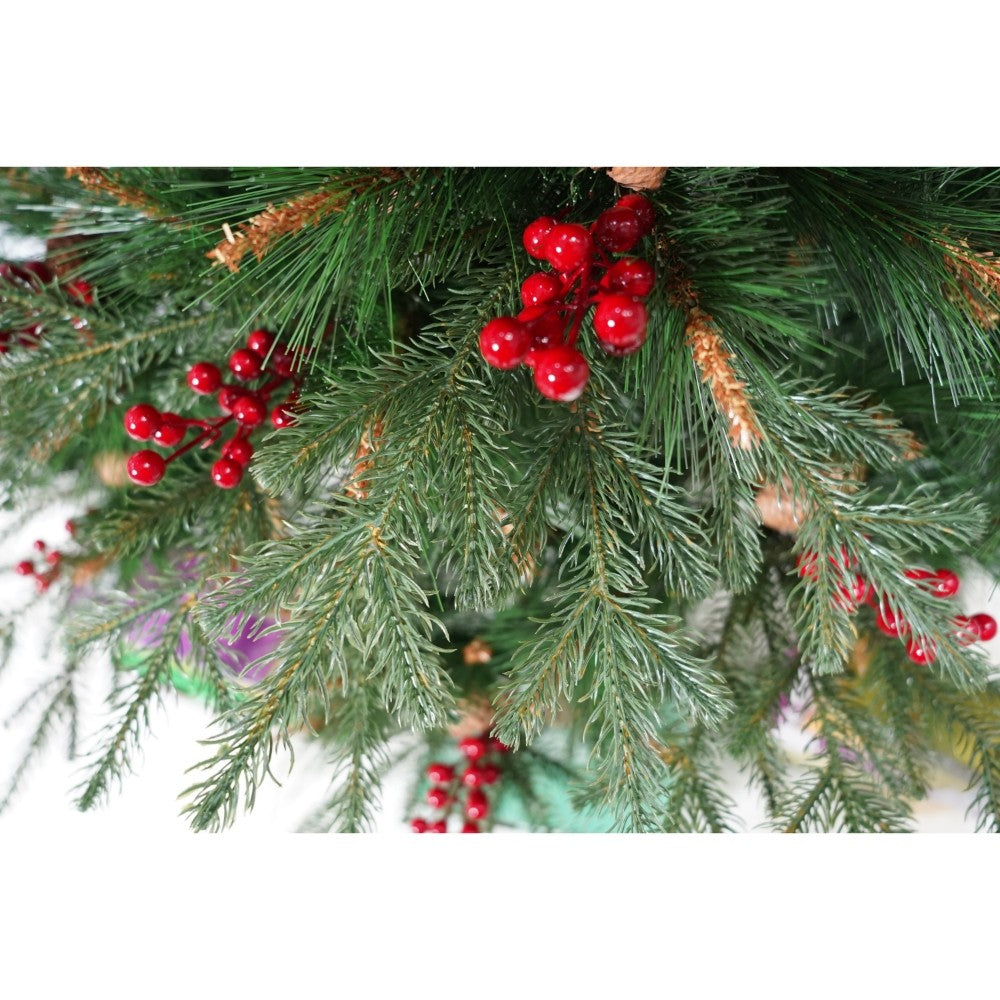 Brad artificial de Craciun, decorat cu conuri pin rosii, pentru interior/exterior, inaltime 150 cm, diametru 104 cm, 323 ramuri, verde, suport metalic inclus