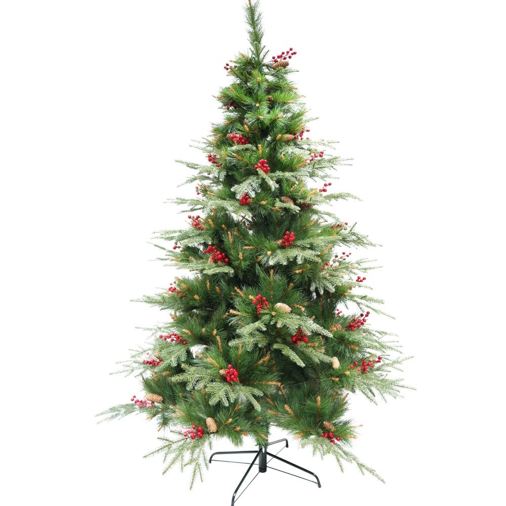 Brad artificial de Craciun, decorat cu conuri pin rosii, pentru interior/exterior, inaltime 150 cm, diametru 104 cm, 323 ramuri, verde, suport metalic inclus