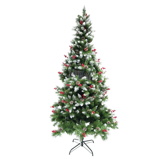 Brad artificial de Craciun nins, decorat cu conuri pin rosii, inaltime 180 cm, diametru 95 cm, 319 ramuri, verde, suport metalic inclus