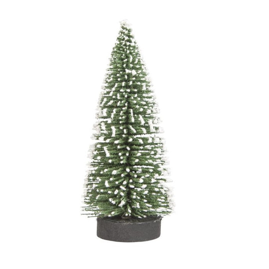 Brad artificial de craciun, ornament pentru masa, pe suport lemn, 20 cm inaltime, Verde inzapezit