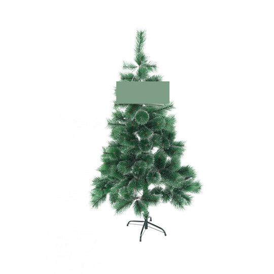 Brad artificial de Craciun tip pin inzapezit, inaltime 150 cm, diametru 85 cm, 160 ramuri cu ace 3D 12 cm, verde cu varfuri ninse, suport metalic inclus