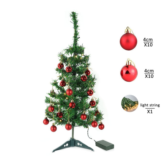 Brad Artificial Impodobit, 60 cm, suport plastic cu instalatie luminoasa 20 LED alb cald + 20 globuri rosii incluse