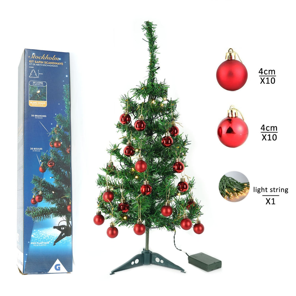 Brad Artificial Impodobit, 60 cm, suport plastic cu instalatie luminoasa 20 LED alb cald + 20 globuri rosii incluse