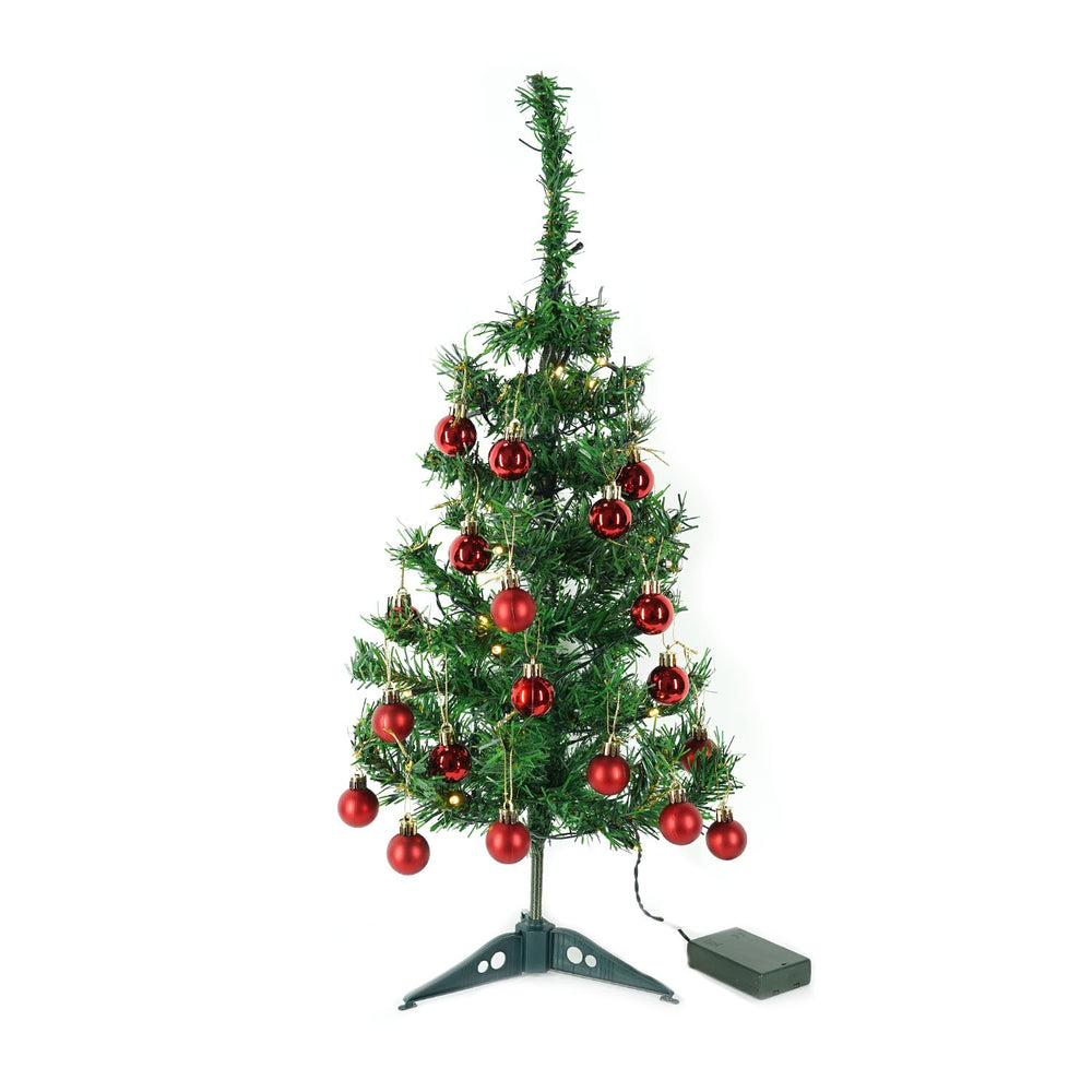 Brad Artificial Impodobit, 60 cm, suport plastic cu instalatie luminoasa 20 LED alb cald + 20 globuri rosii incluse