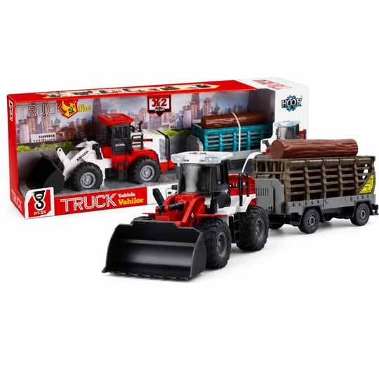 Buldozer Cu Lama Frontala Si Remorca Pentru Busteni, Jucarie Utilaj Forestier Cu Frictiune Pentru Copii, Incarcator Frontal Cu Remorca Transport Lemne, Vehicul Constructii Si Ferma Realist Mare, Copii 3+ Ani, Rosu