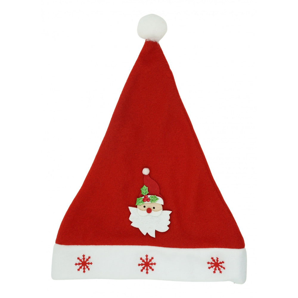 Caciulita de Mos Craciun, cu model de Mos Craciun si ornament fulg de nea, rosie, marime universala, material textil