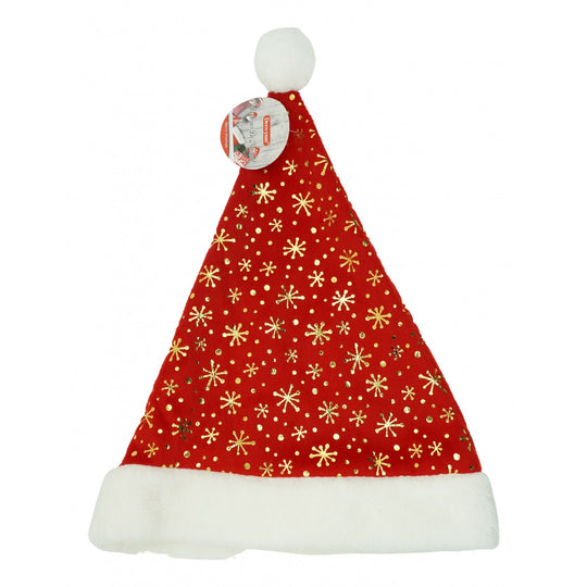 Caciulita de Mos Craciun, cu ornament auriu fulg de nea, rosie, marime universala, material textil