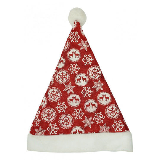 Caciulita de Mos Craciun, cu ornament fulg de nea si sclipici, rosie, marime universala, material textil