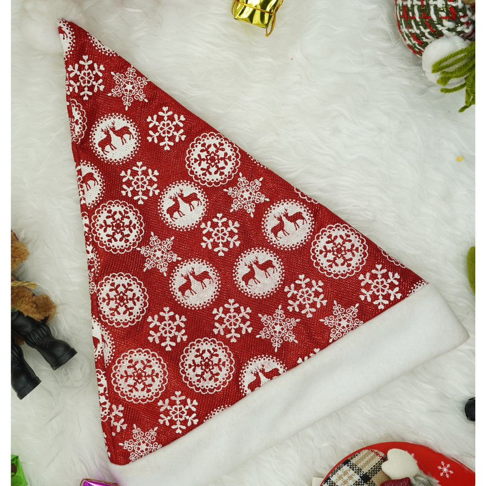Caciulita de Mos Craciun, cu ornament fulg de nea si sclipici, rosie, marime universala, material textil