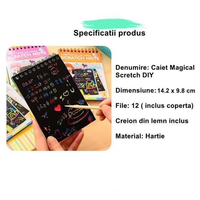 Caiet cu fise razuibile, DIY Magic Scratch, 12 File, Curcubeu, Creion din Lemn, Cartonase negre, 14.2 x 9.8 cm, Verde