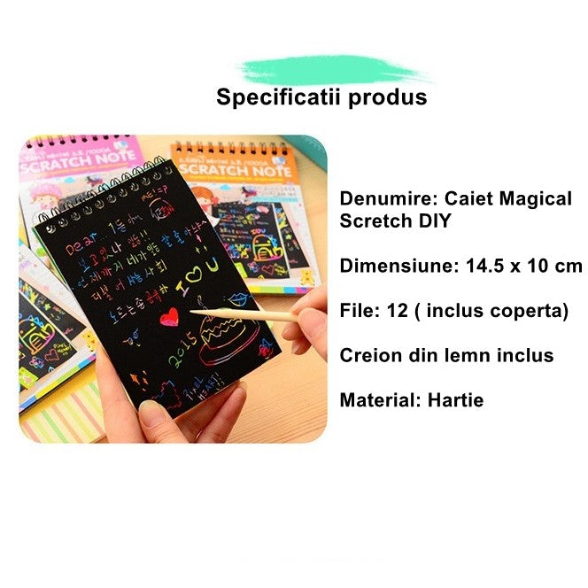 Caiet cu fise razuibile, DIY Magic Scratch, 12 File, Curcubeu, Creion din Lemn, Cartonase negre, 14.5 x 10 cm, roz