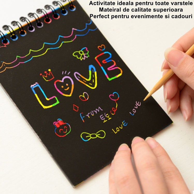 Caiet cu fise razuibile, DIY Magic Scratch, 12 File, Curcubeu, Creion din Lemn, Cartonase negre, 14.2 x 9.8 cm, Verde