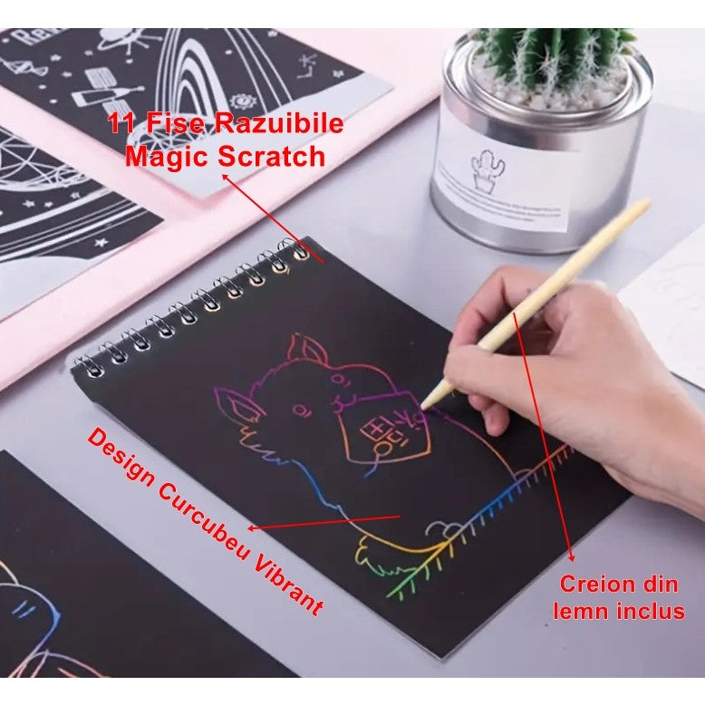 Caiet cu fise razuibile, DIY Magic Scratch, 12 File, Curcubeu, Creion din Lemn, Cartonase negre, 14.5 x 10 cm, roz