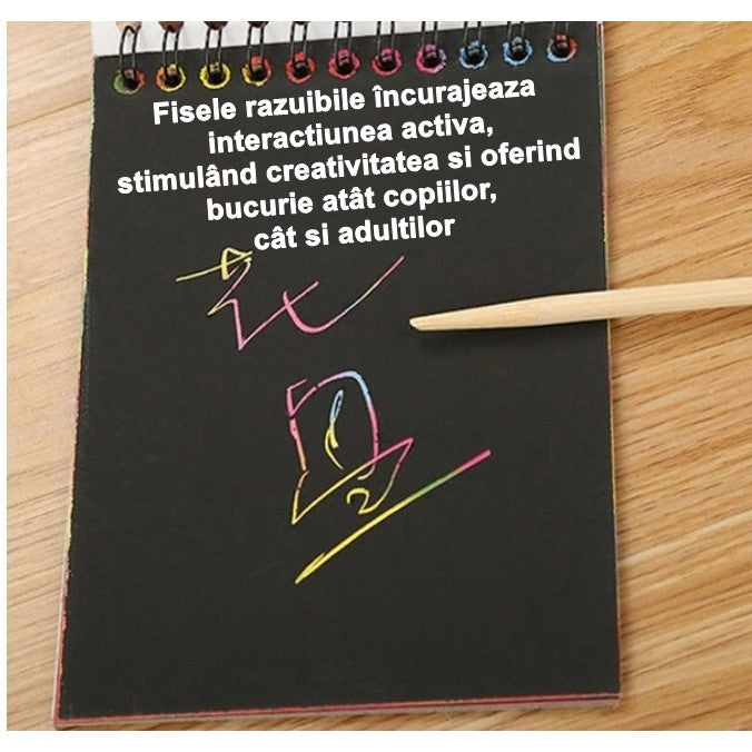 Caiet cu fise razuibile, DIY Magic Scratch, 12 File, Curcubeu, Creion din Lemn, Cartonase negre, 14.2 x 9.8 cm, Verde