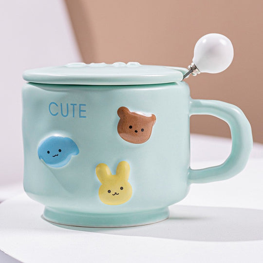 Cana ceramica, din Portelan, print Figurine Animalute, Cana penru Copii, Model CUTE, Cana cu Lingura si Capac, Ceasca pentru Cafea, Ceai, 400ml Albastru