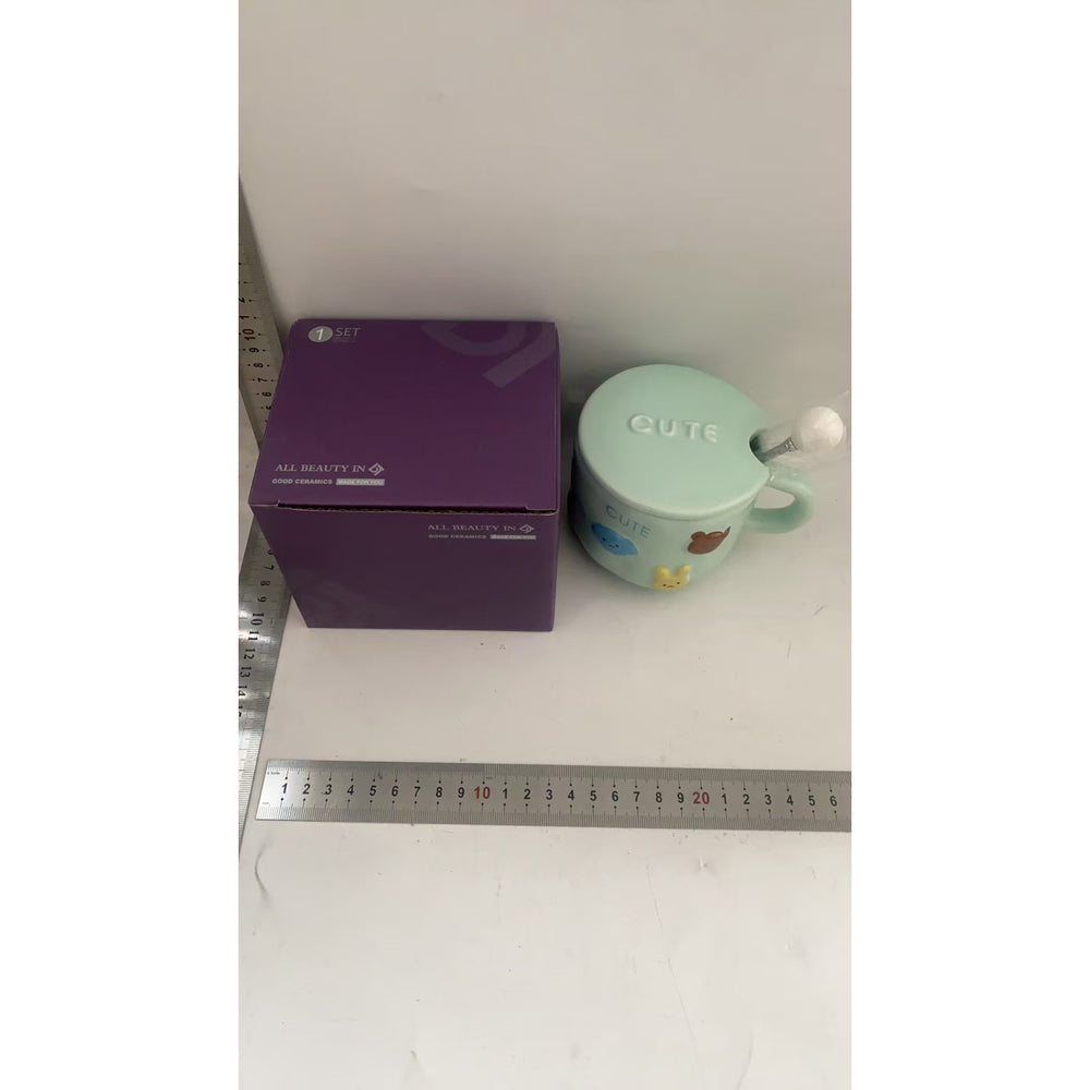 Cana ceramica, din Portelan, print Figurine Animalute, Cana penru Copii, Model CUTE, Cana cu Lingura si Capac, Ceasca pentru Cafea, Ceai, 400ml Albastru