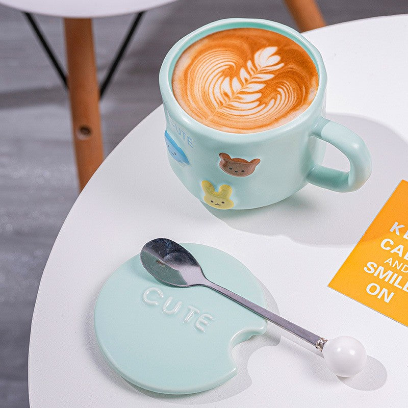 Cana ceramica, din Portelan, print Figurine Animalute, Cana penru Copii, Model CUTE, Cana cu Lingura si Capac, Ceasca pentru Cafea, Ceai, 400ml Albastru
