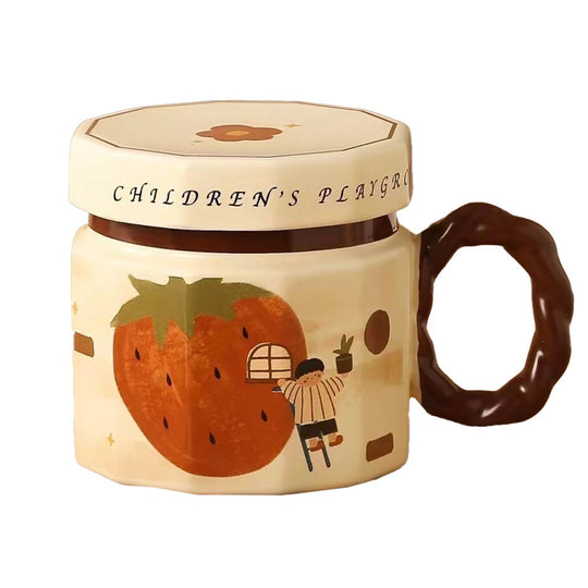 Cana din ceramica, Cana pentru Cafea, Ceai, Cana Universala, Unisex, Cana cu Capac, 9 x 8 x 8 cm, 400 ml, Model Capsuna, Bej