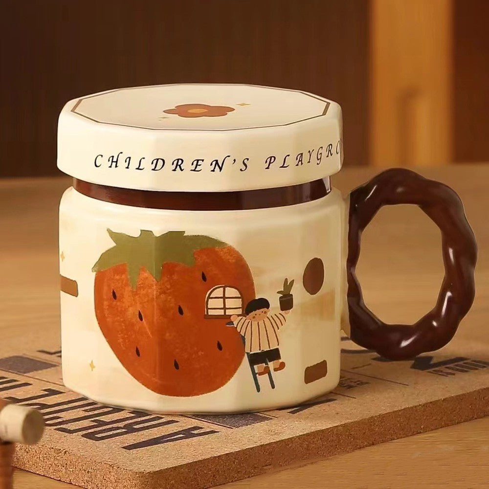 Cana din ceramica, Cana pentru Cafea, Ceai, Cana Universala, Unisex, Cana cu Capac, 9 x 8 x 8 cm, 400 ml, Model Capsuna, Bej
