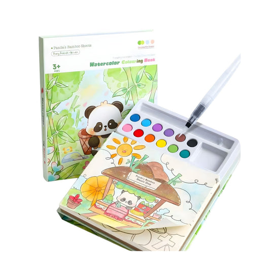 Carte de Colorat cu Acuarela, Model Panda, 20 Foi de Carton 200 gr, 12 Culori, 1 Pensula, 15.7 x 18.8 x 1.8 cm, Verde