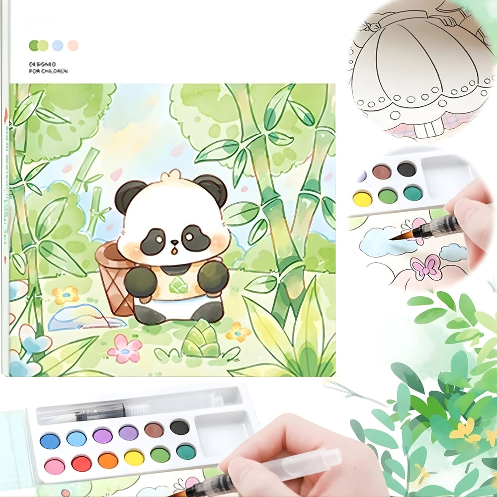 Carte de Colorat cu Acuarela, Model Panda, 20 Foi de Carton 200 gr, 12 Culori, 1 Pensula, 15.7 x 18.8 x 1.8 cm, Verde