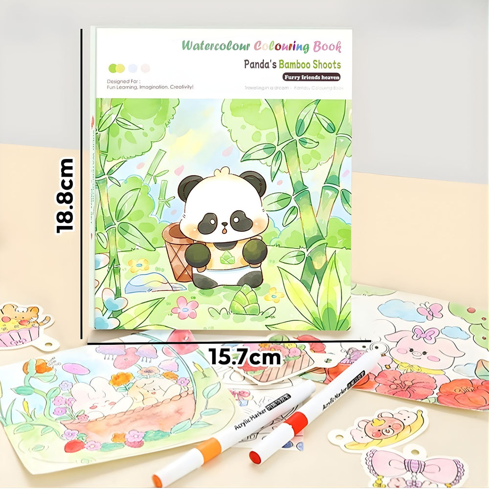 Carte de Colorat cu Acuarela, Model Panda, 20 Foi de Carton 200 gr, 12 Culori, 1 Pensula, 15.7 x 18.8 x 1.8 cm, Verde