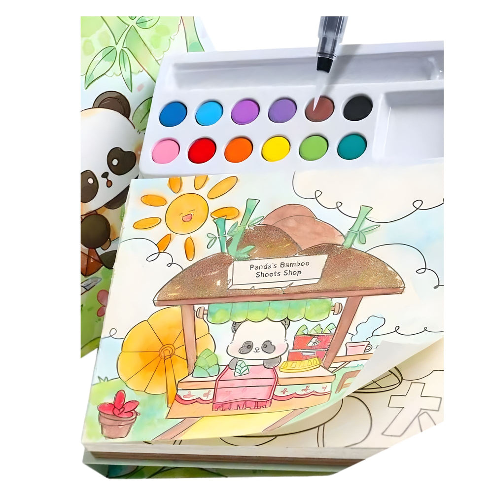 Carte de Colorat cu Acuarela, Model Panda, 20 Foi de Carton 200 gr, 12 Culori, 1 Pensula, 15.7 x 18.8 x 1.8 cm, Verde